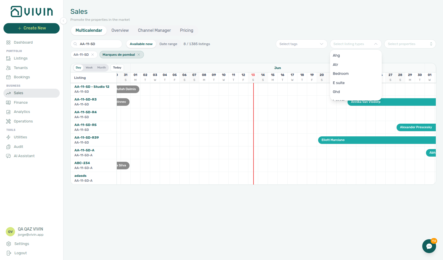 Sales — Multicalendar Select listing types dropdown open on the toolbar