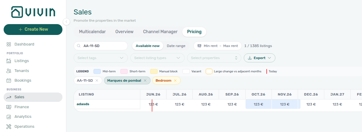 Sales — Pricing active tag and listing-type filter chips with scoped rent grid rows (example AA-11-5D)