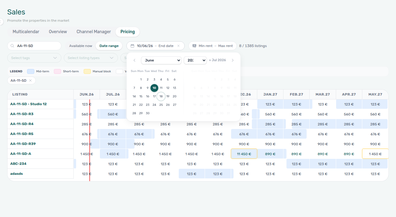 Sales — Pricing grid after a start–end date range is applied — pill shows selected dates and rows refetch to listings free across the whole window
