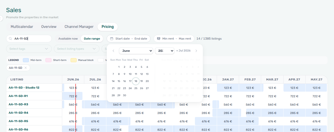 Sales — Pricing toolbar with Date range selected and the calendar picker open (Start date / End date)