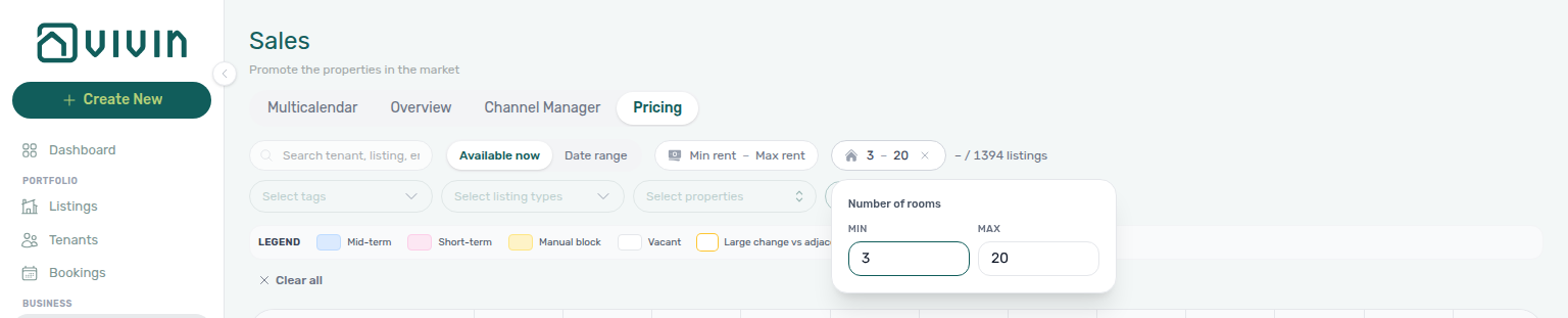 Sales Pricing — Number of rooms popover with Min 3 and Max 20 on the Pricing toolbar