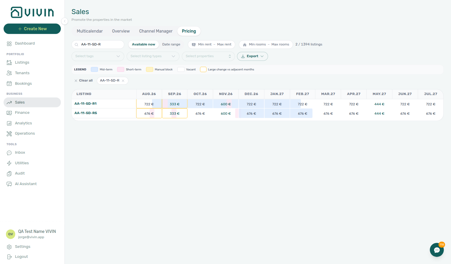 Sales — Pricing monthly rent grid filtered to AA-11-5D-R units with occupancy legend