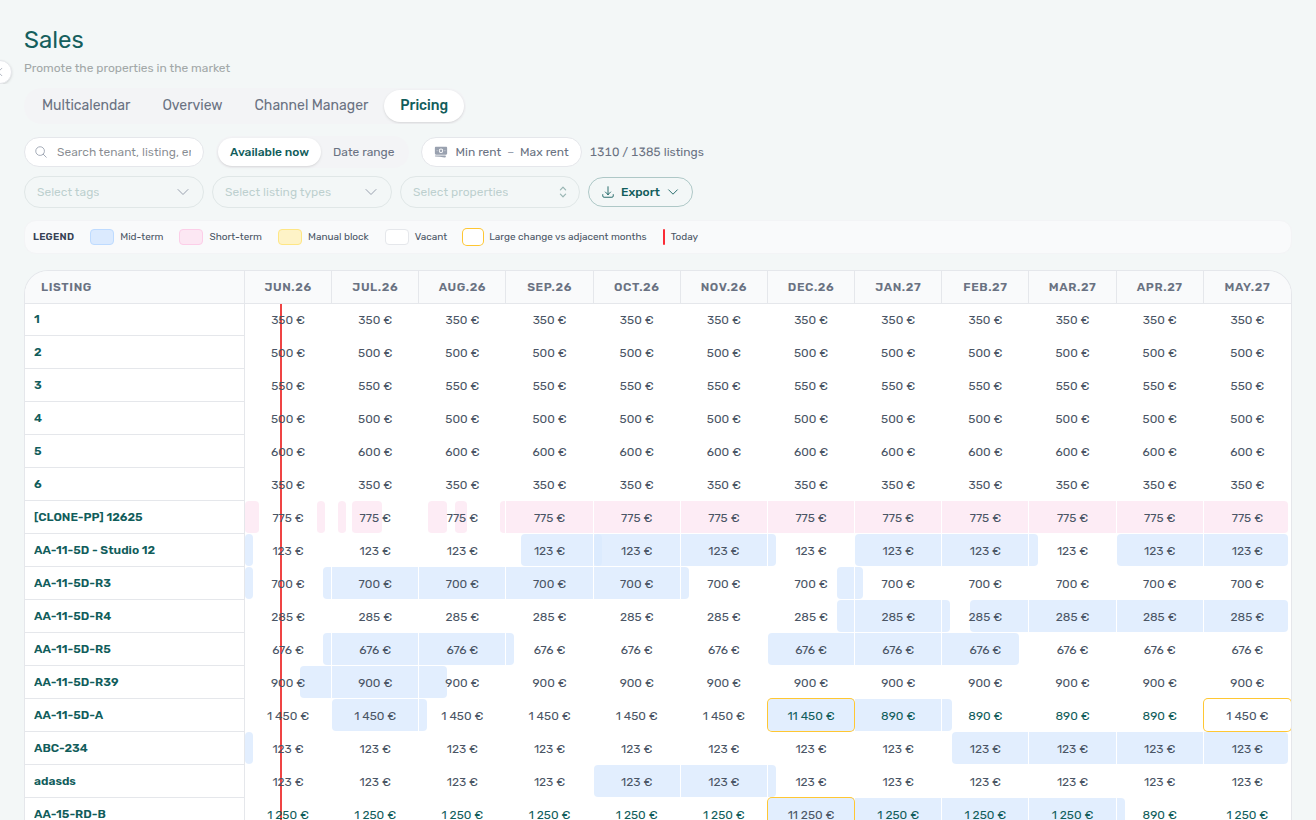 Sales Multi-calendar — pricing grid with unit-only row labels in the first column and monthly rent cells