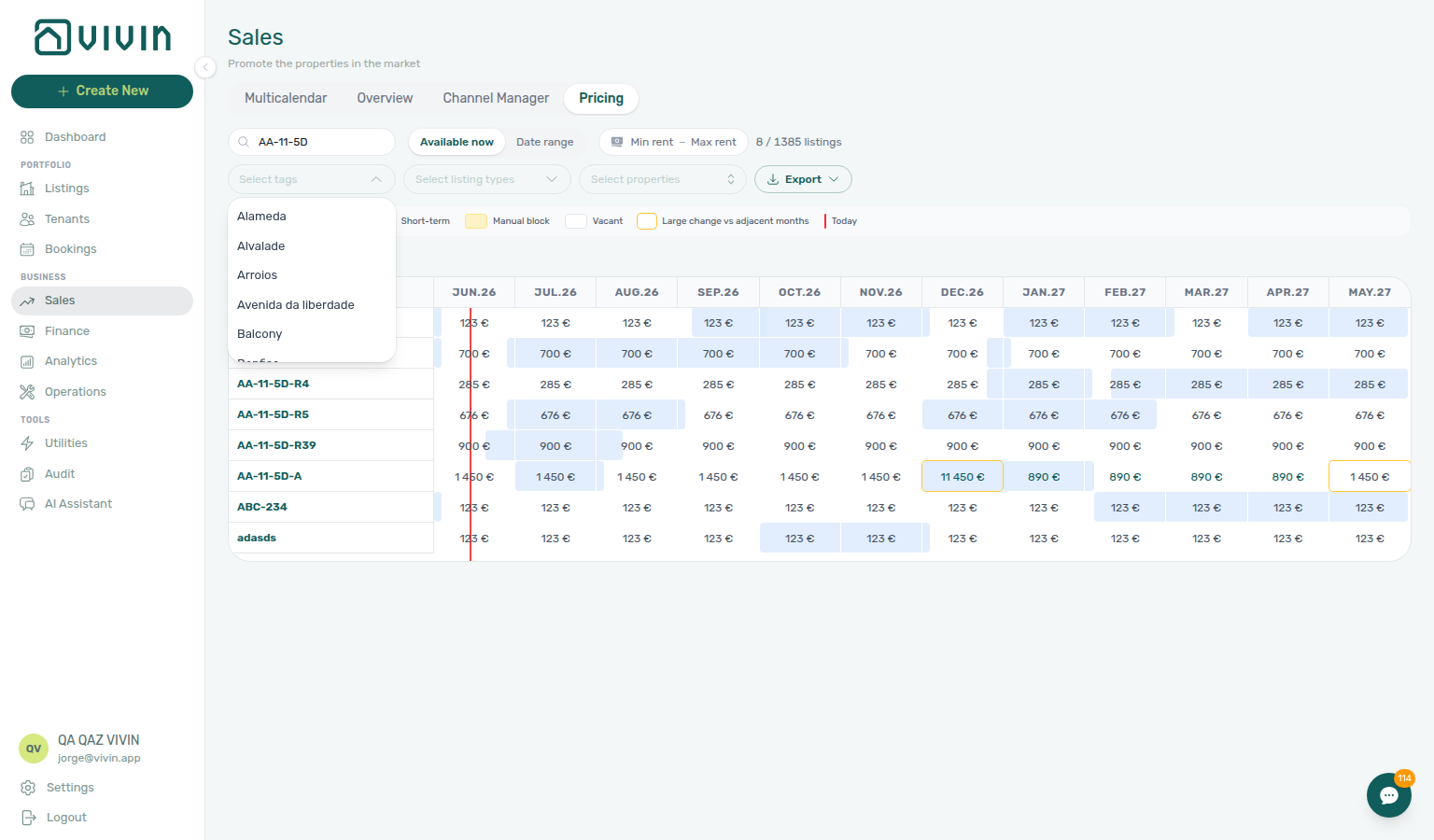 Sales — Pricing Select tags menu open with tag options from Settings > Categories