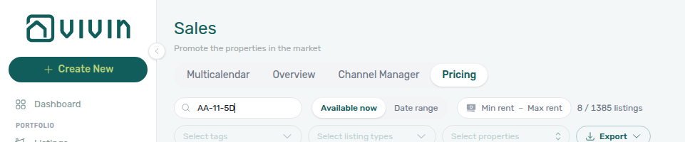 Sales — Pricing toolbar with Select tags and Select listing types controls above the rent grid legend