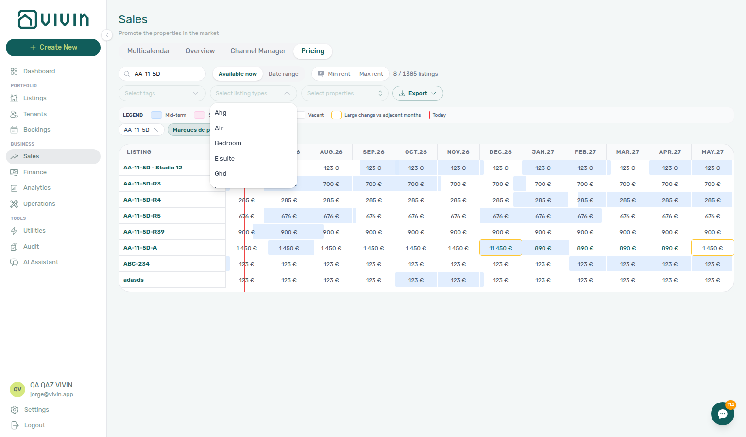 Sales — Pricing Select listing types menu open with type options from Settings > Categories
