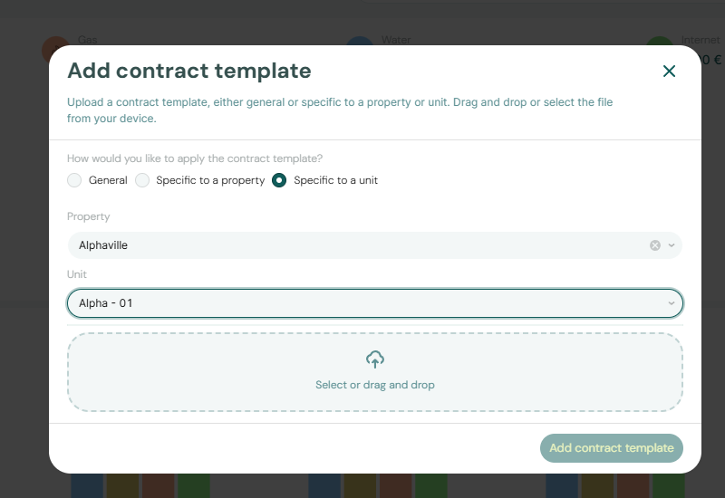Settings - Adding a Contract Template for a Specific Unit