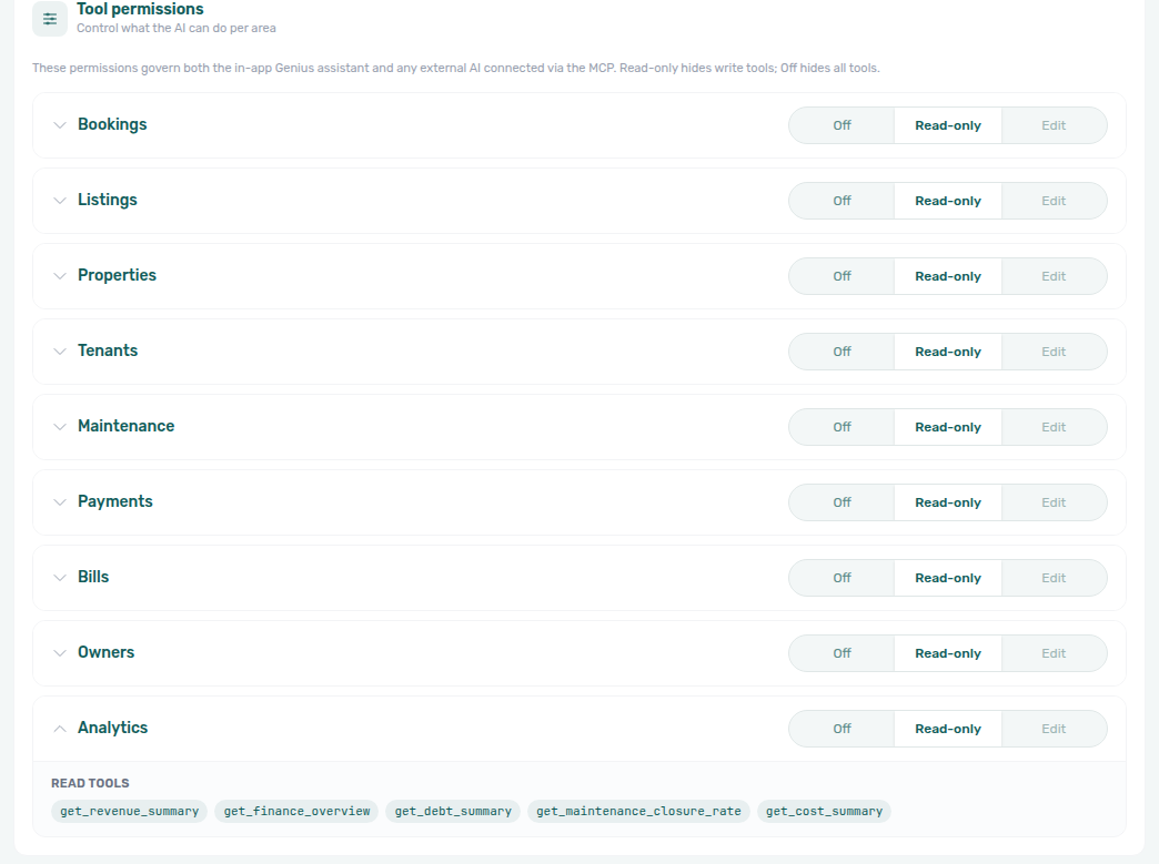 Account Settings — AI / MCP Tool permissions with Analytics expanded showing get_finance_overview and get_revenue_summary read tools