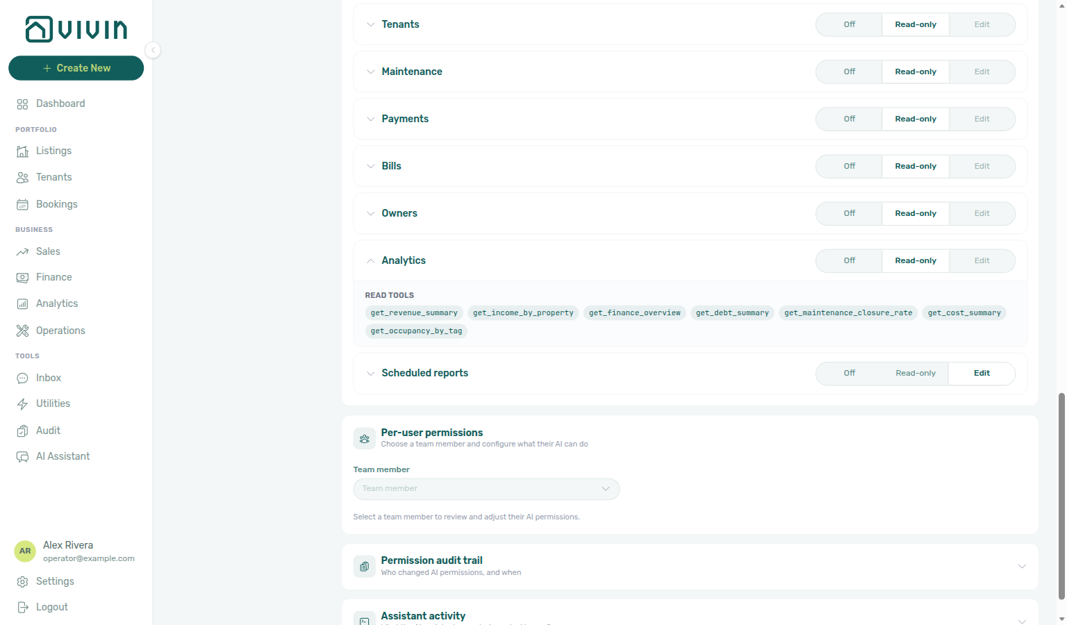 Account Settings — AI / MCP Tool permissions with Analytics expanded showing get_income_by_property among Finance-sourced read tools