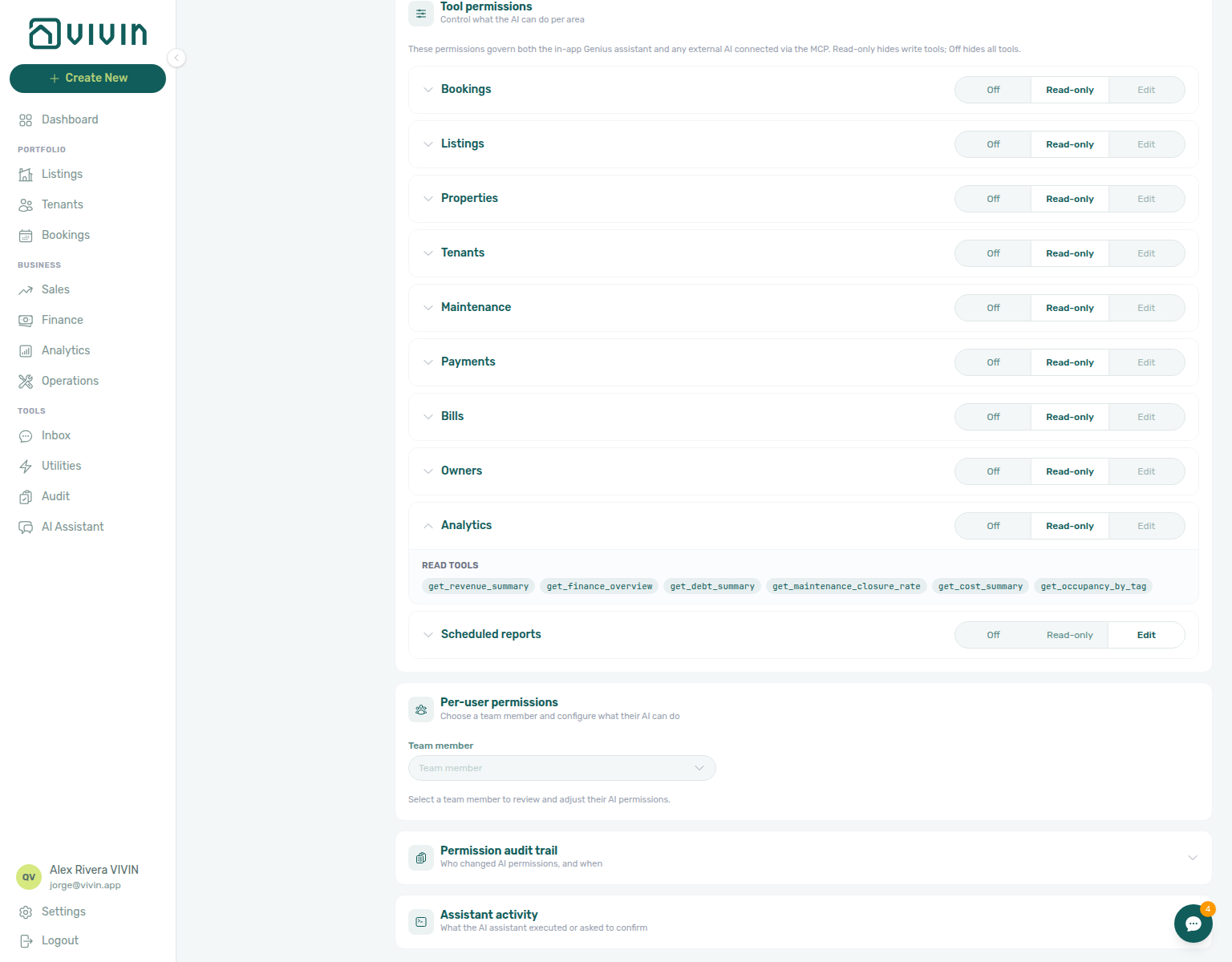 Account Settings — AI / MCP Tool permissions with Analytics expanded showing get_finance_overview, get_revenue_summary, and get_occupancy_by_tag