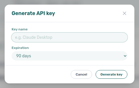 Account Settings — Generate API key modal (Key name + Expiration)