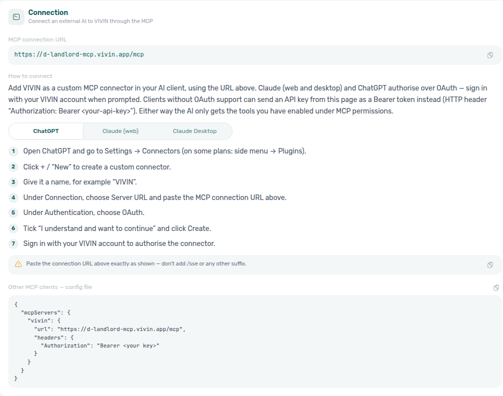 Account Settings — AI / MCP Connection guide on ChatGPT (seven numbered steps + URL copy callout)