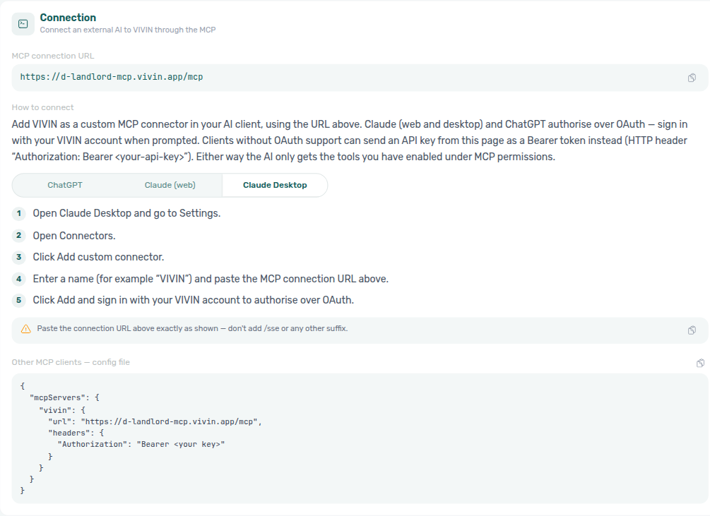 Account Settings — AI / MCP Connection guide on Claude Desktop (five numbered OAuth steps + URL copy callout)