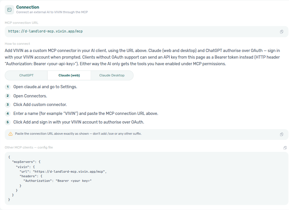 Account Settings — AI / MCP Connection guide on Claude (web) (five numbered steps + URL copy callout)