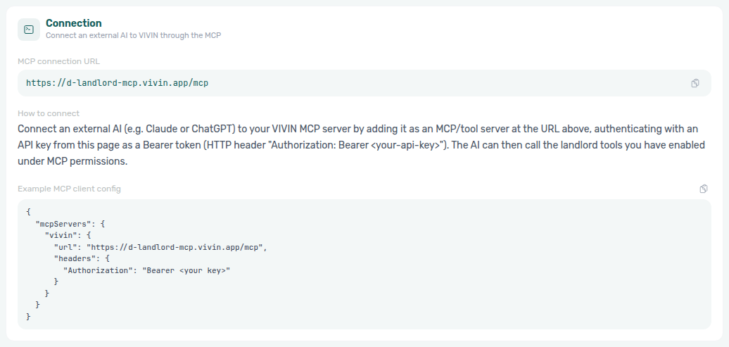 Account Settings — AI / MCP Connection card with MCP URL, how-to copy, and example client JSON snippet