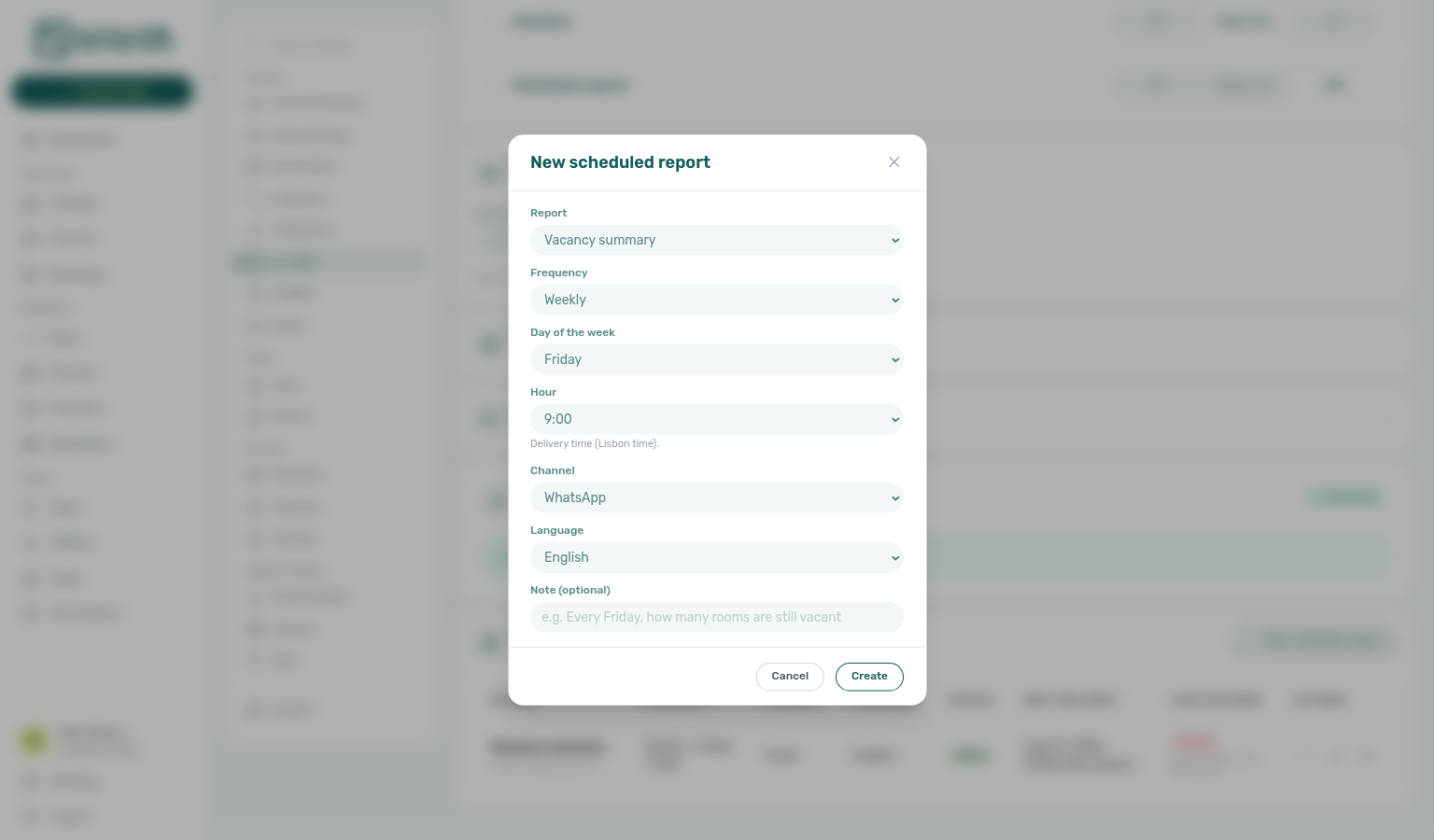 Account Settings — AI / MCP New scheduled report modal (Vacancy summary, Weekly Friday, WhatsApp, English)