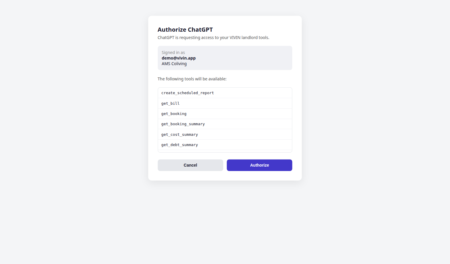 Vivin OAuth consent — Authorize ChatGPT with signed-in operator and allowed landlord tools