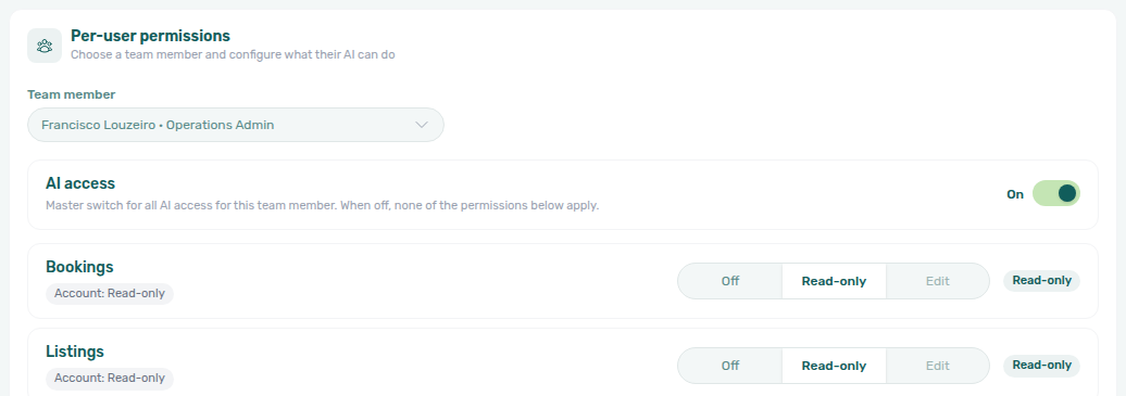 Account Settings — AI / MCP Per-user permissions with teammate selected, AI access On, and domain overrides