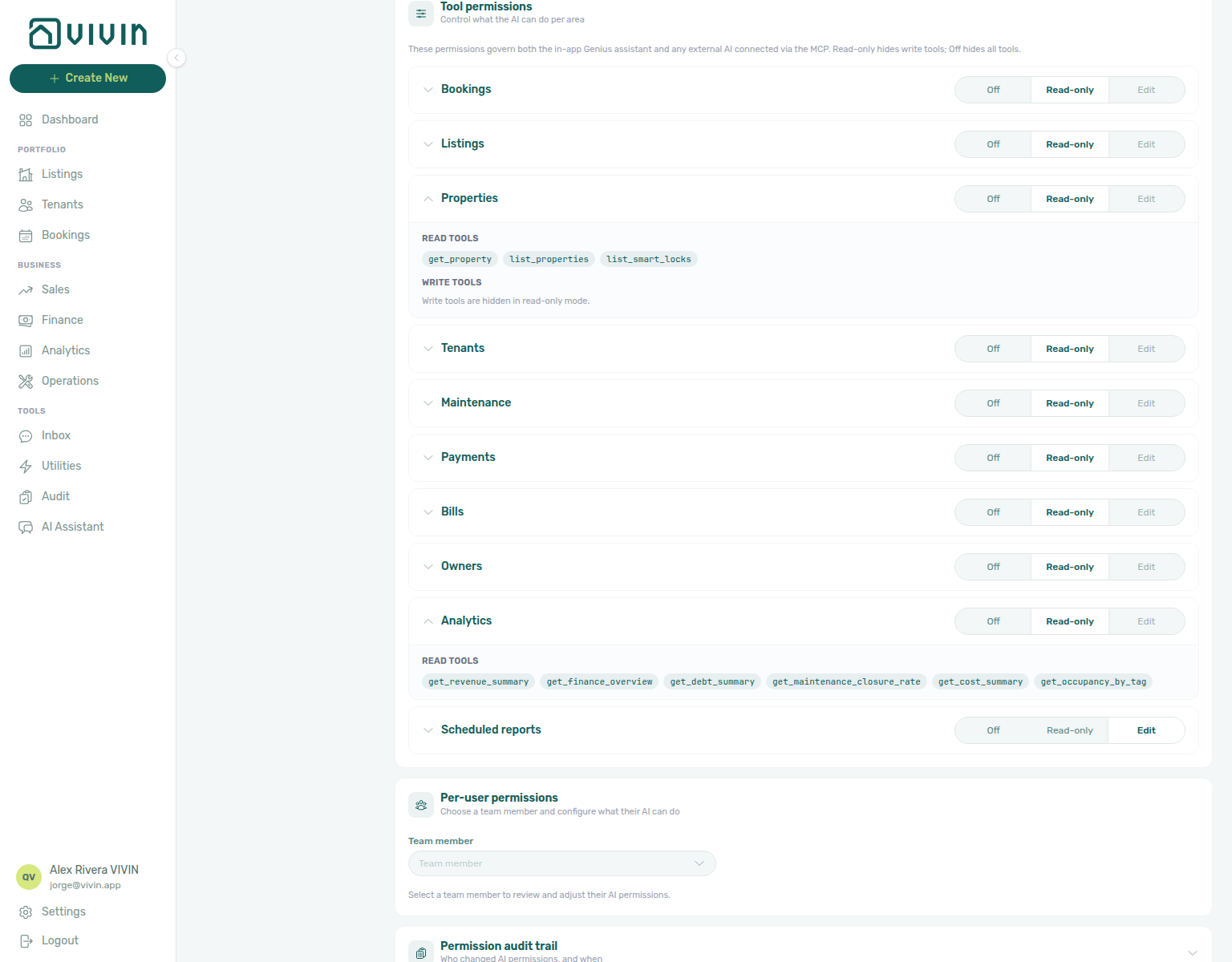 Account Settings — AI / MCP Tool permissions with Properties expanded showing list_smart_locks beside property reads