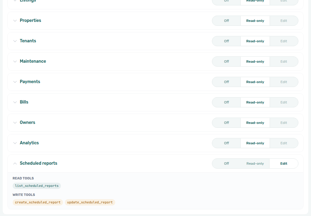 Account Settings — AI / MCP Tool permissions with Scheduled reports expanded (Edit) showing list_scheduled_reports / create_scheduled_report / update_scheduled_report