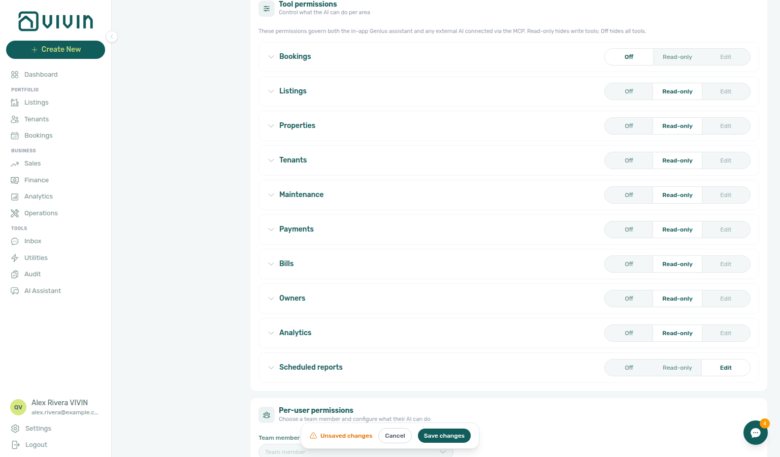 Account Settings — AI / MCP Tool permissions with floating Unsaved changes bar (Cancel / Save changes)