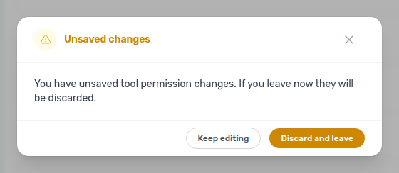 Account Settings — Unsaved changes dialog with Discard and leave / Keep editing when leaving AI / MCP