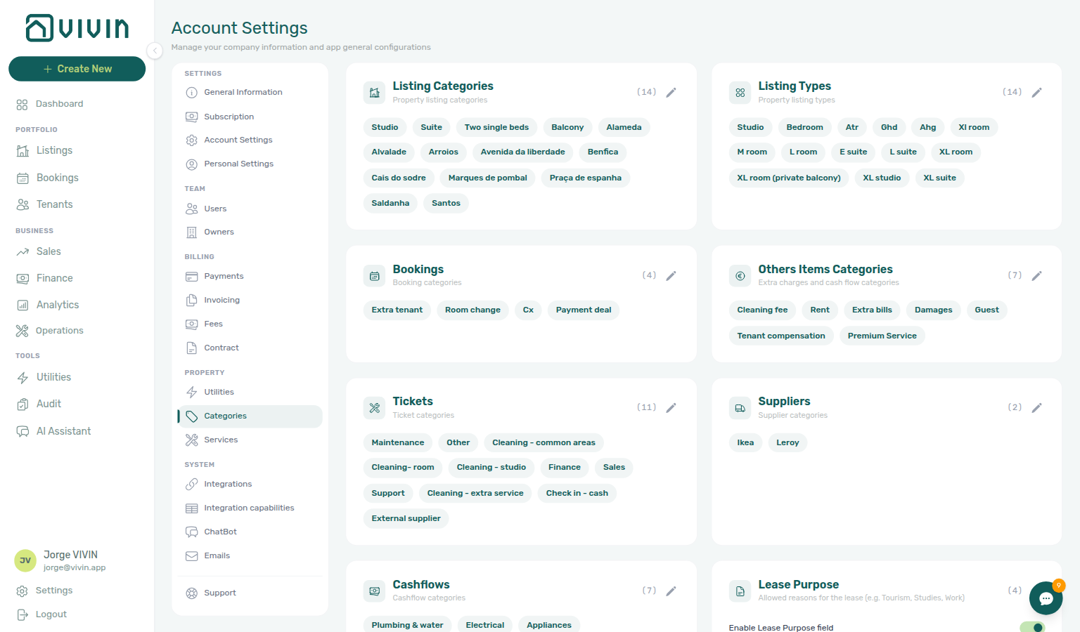 Listing Categories and Listing Types cards on the Categories tab