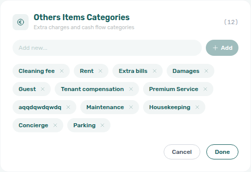 Account Settings — Others Items Categories card in edit mode with Cleaning fee and Damages chips