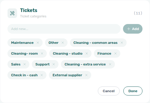 Account Settings — Tickets card in edit mode with Add field, chip list, and Done / Cancel footer