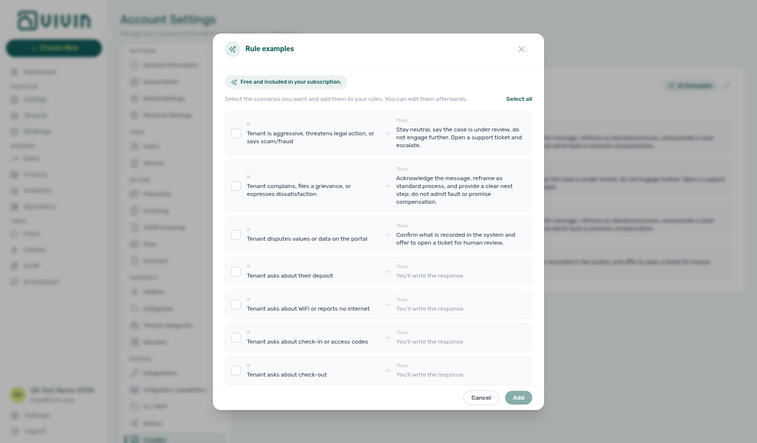 Account Settings — ChatBot Rule examples modal with policy and scenario starters