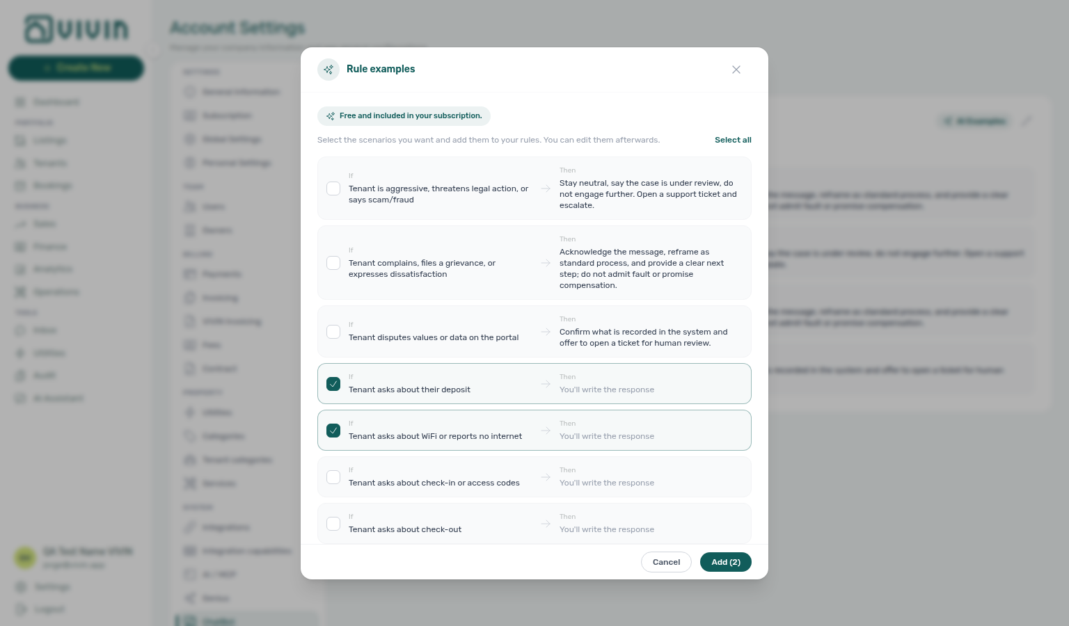 Account Settings — Rule examples modal with two scenario starters selected and Add (2)