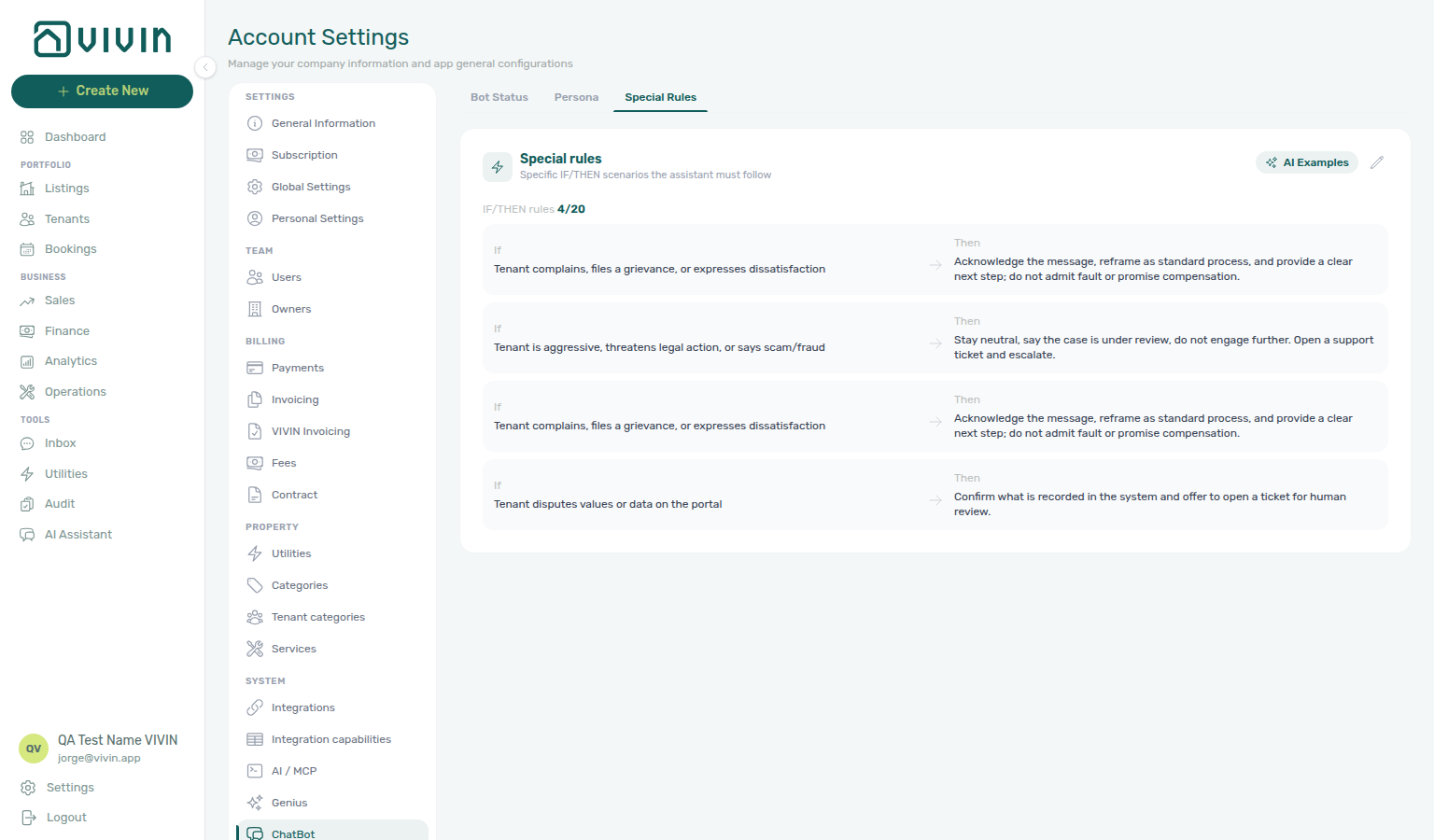 Account Settings — ChatBot → Special Rules with AI Examples button and saved IF/THEN rows
