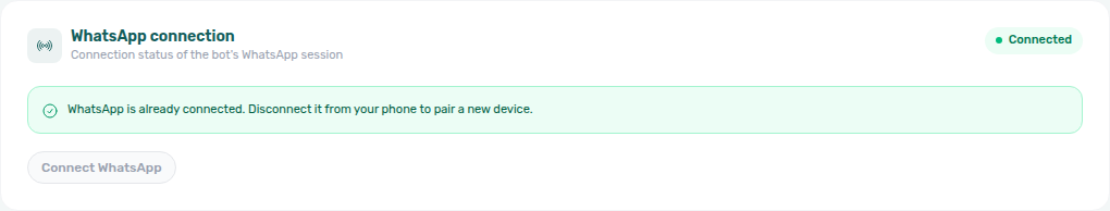 Account Settings — ChatBot → Bot Status with Connected badge and live WhatsApp (UAZAPI) session