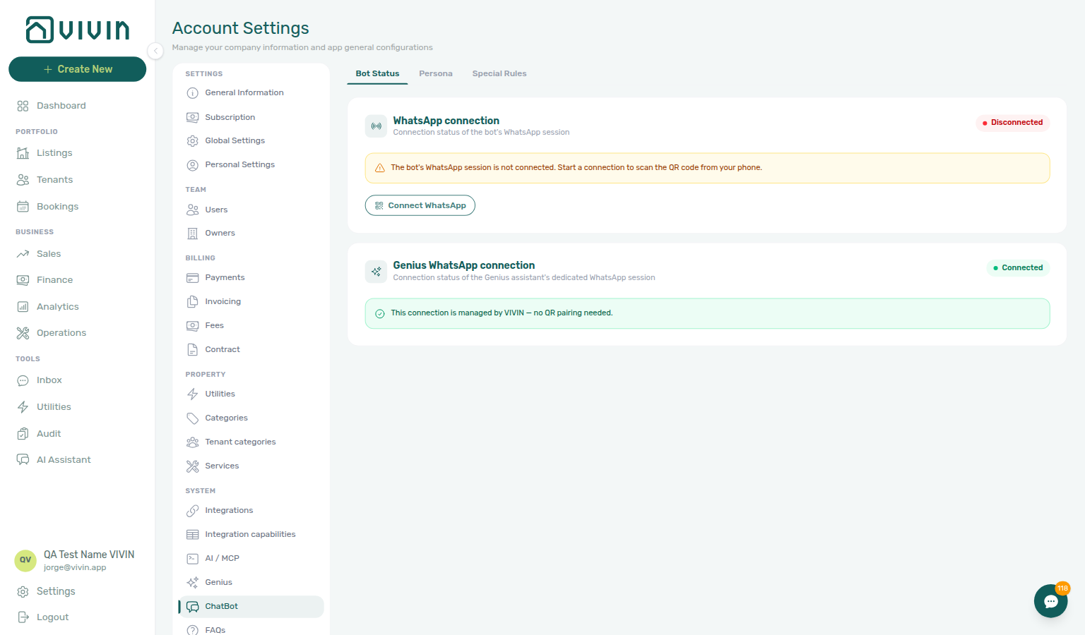 Account Settings — ChatBot → Bot Status with Disconnected badge on tenant WhatsApp and Connect WhatsApp