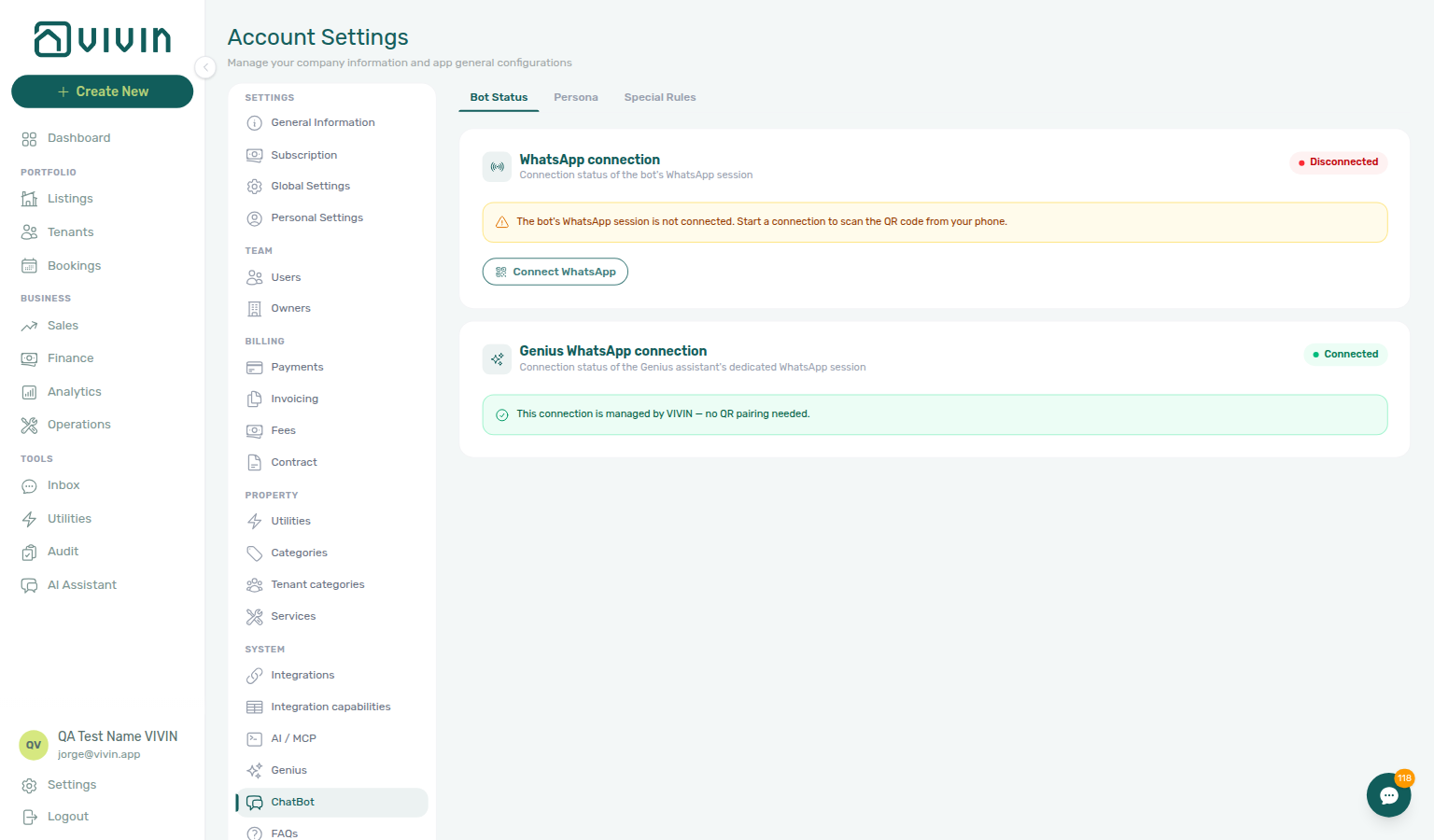 Account Settings — ChatBot → Bot Status with tenant and Genius WhatsApp cards