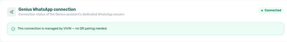 Account Settings — ChatBot → Bot Status Genius WhatsApp card Connected and managed by VIVIN