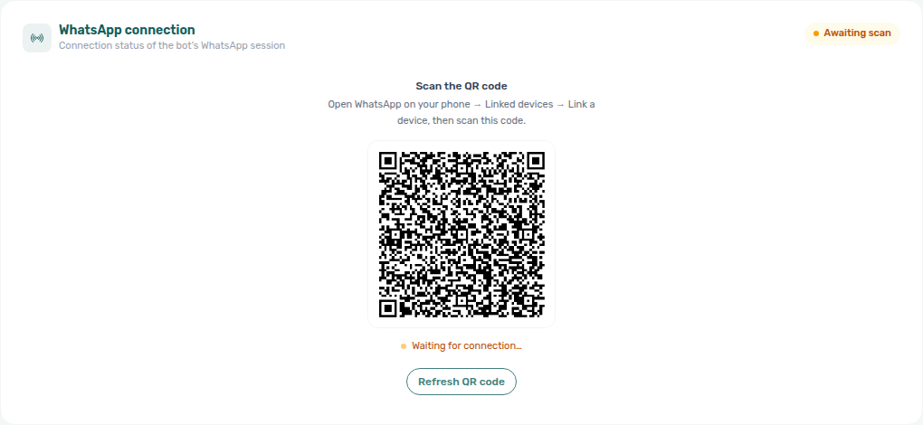 Account Settings — ChatBot → Bot Status with QR code and Awaiting scan badge during WhatsApp pairing