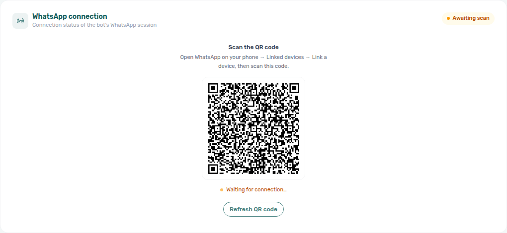 Account Settings — ChatBot → Bot Status with QR code and Awaiting scan badge during WhatsApp pairing