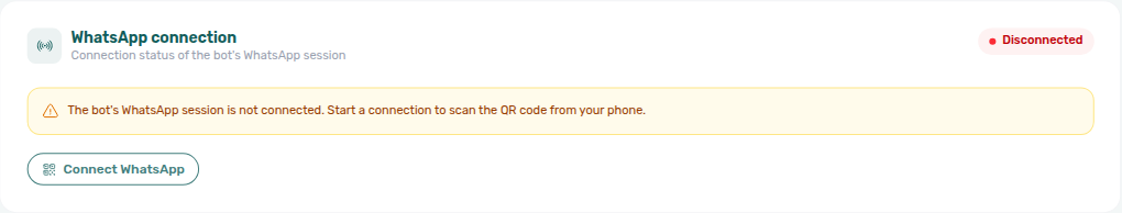 Account Settings — ChatBot → Bot Status tenant WhatsApp card Disconnected with Connect WhatsApp