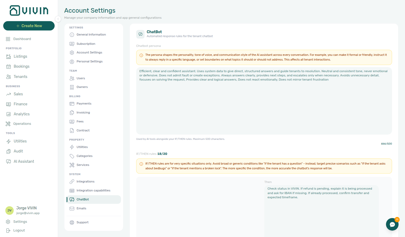 Account Settings — ChatBot tab in edit mode with persona textarea, IF/THEN rule editors, and Save / Cancel