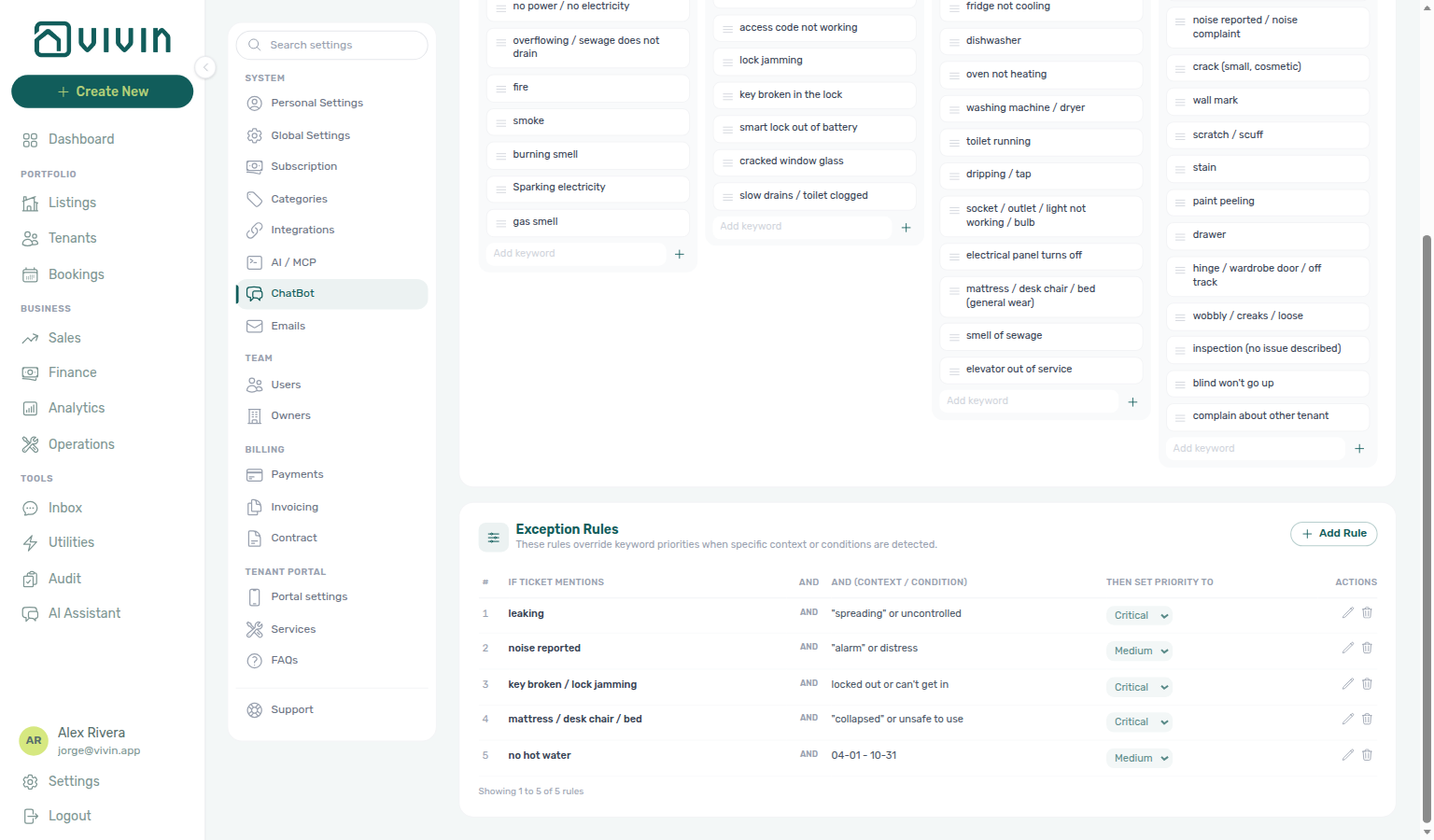 Account Settings — ChatBot → Ticket priority Exception Rules table with phrase, context, season dates, and priority