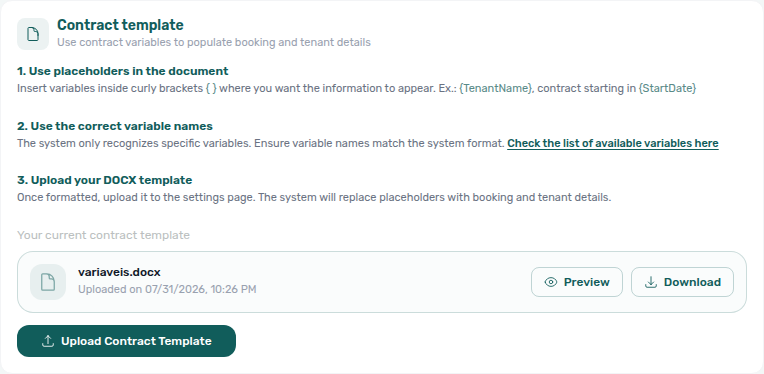 Account Settings — Contract, Preview on the account template before go-live