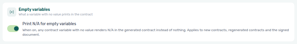 Account Settings — Contract — Empty variables card with Print N/A on