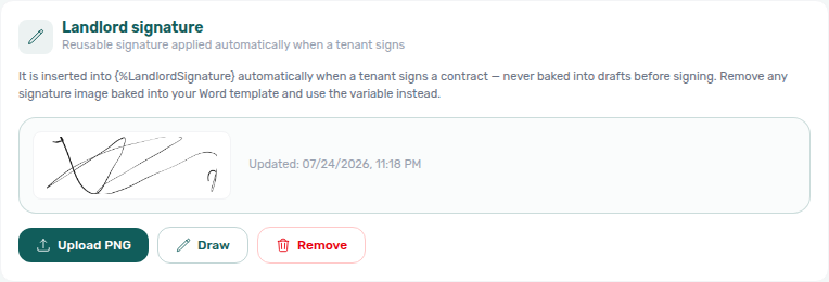 Account Settings — Contract, Landlord signature card with a signature on file
