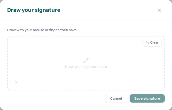 Account Settings — Contract, Draw your signature modal with dashed pad, Clear, Cancel, and Save signature