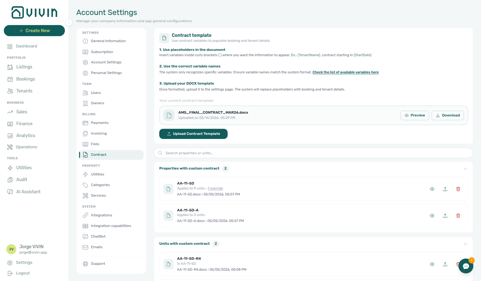 Account Settings — Contract tab with default template, upload control, and property/unit override sections
