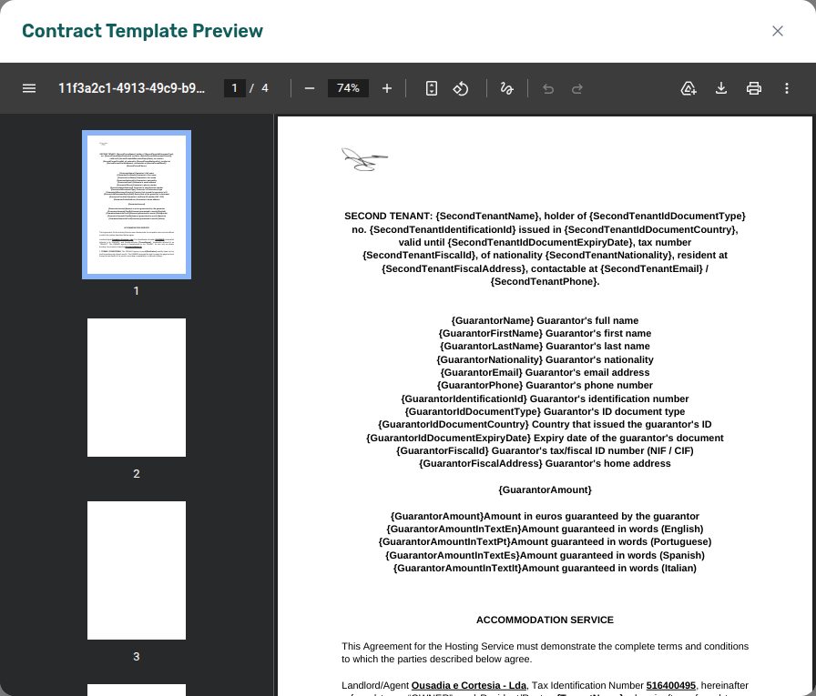 Account Settings — Contract Template Preview modal for fonts fidelity check