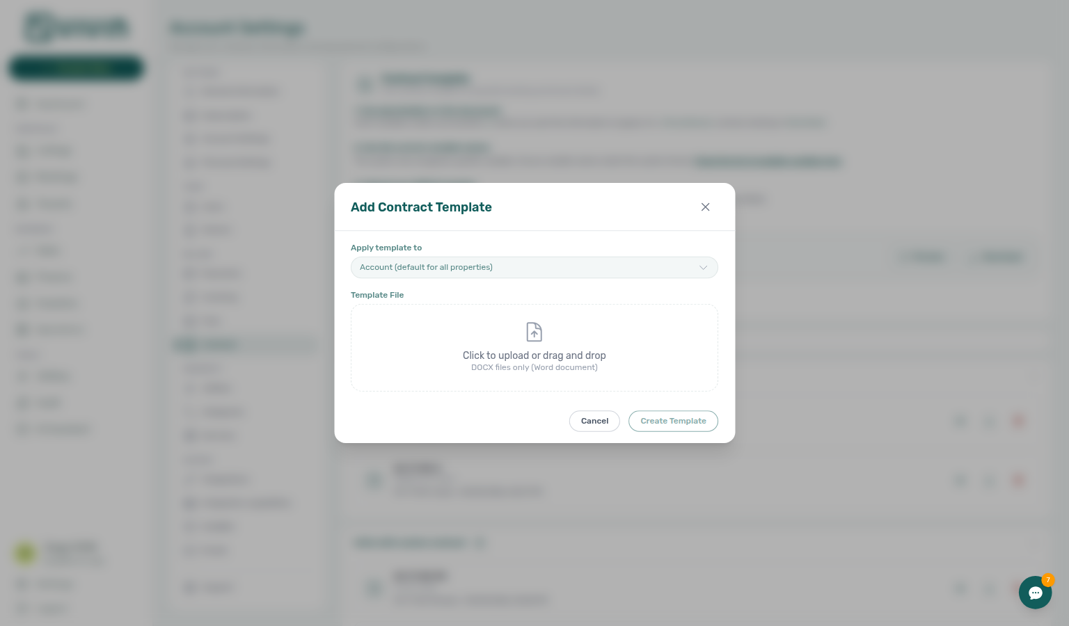 Upload Contract Template modal — scope selector and .docx drop zone