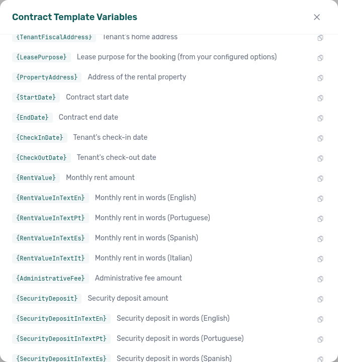 Contract Template Variables modal — amount-in-text tokens for monthly rent and security deposit (En/Pt/Es/It)