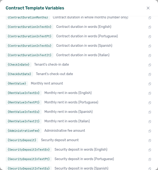 Contract Template Variables modal — amount-in-text tokens for monthly rent (En/Pt/Es/It)